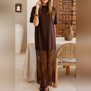 Chic Brown Lace Maxi Tee Dress